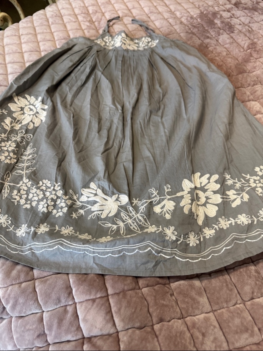 Girls Gray Embroidered A-Line Halter Dress